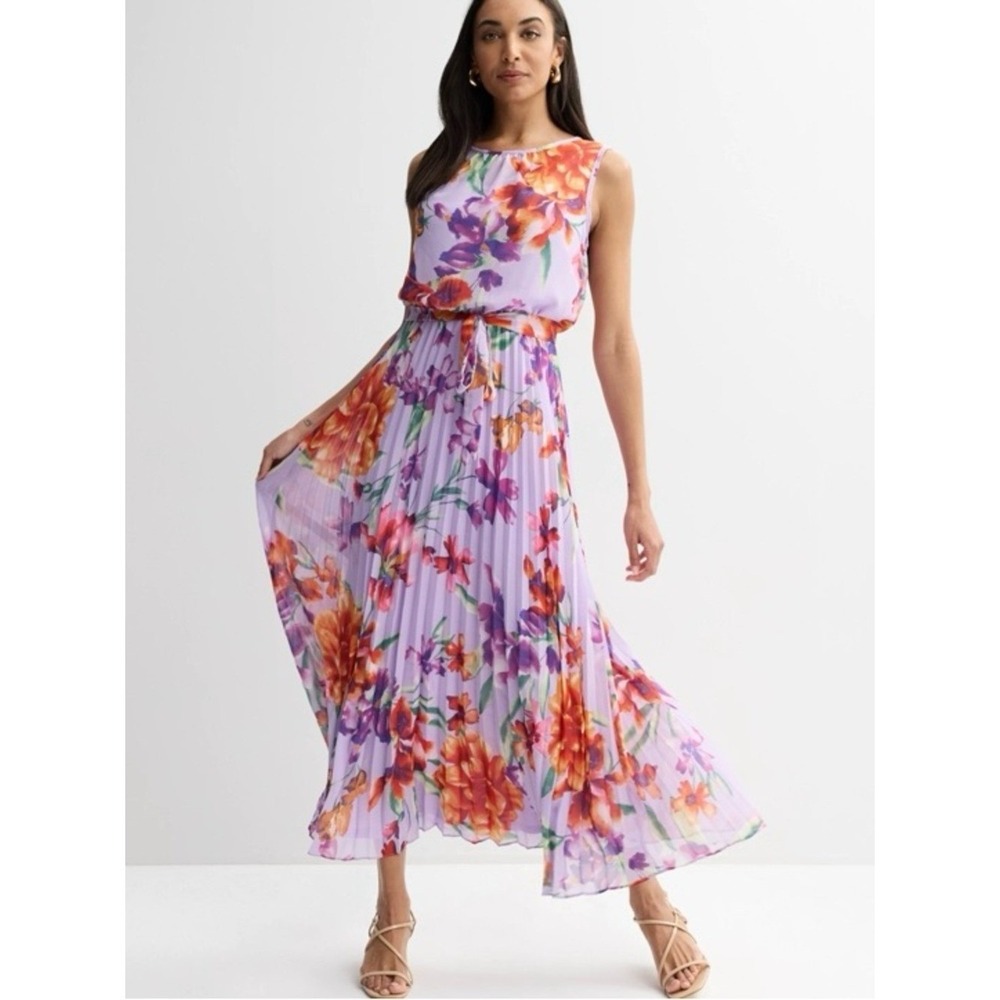 Donna Ricco Purple Floral Pleated Sleeveless Maxi Dress Chiffon Belted Small NWT